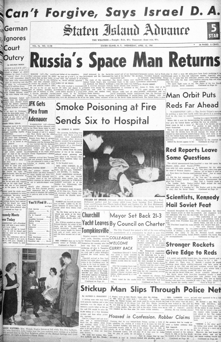 Staten Island Advance 1961 - зарубежные СМИ о полете Юрия Гагарина